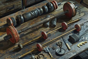 Poster - Various tools laid out on a table in an organized manner, An item that is essential for building strength, power, and stamina