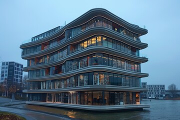 Poster - a tall office building stands next to a body of water, an office building designed to resemble a sta