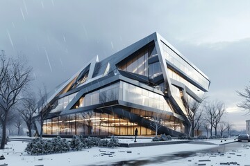 Poster - a unique office building with an asymmetrical shape covered in numerous windows, an office building 