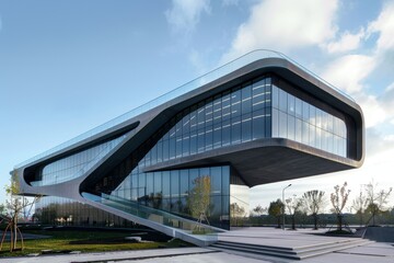 Wall Mural - A modern office building featuring a unique curved staircase leading up to its entrance, An office building with a unique asymmetrical shape that challenges traditional architectural norms