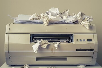 Poster - A printer stacked with excessive paper, leading to a jam, An outdated printer jammed with crumpled paper