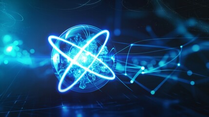A glowing atomic structure with blue energy lines radiating from it, set against a dark background.