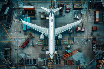 Sticker - A large jetliner is parked on top of an airport tarmac, awaiting maintenance or boarding passengers, An overhead view of an airplane undergoing maintenance in a hangar