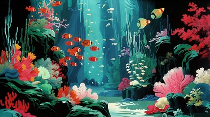 Poster -   An image of an underwater world featuring corals, fish, and seaweed upfront, along with a vibrant coral reef in the background