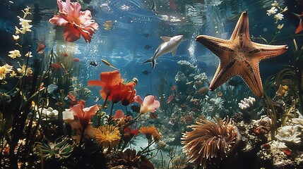 Poster -   An underwater world thriving with a starfish, schools of fish, and vibrant coral reefs