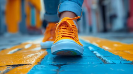 A Close-Up of an Orange Alarm Clock With Human Legs Running on a Blue and Yellow Street