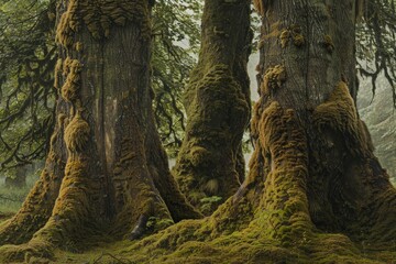 Sticker - A group of towering trees covered in green moss in a forest setting, Ancient, towering tree trunks covered in moss