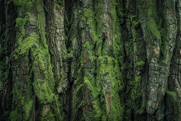 tree bark covered in vibrant green moss, creating a mossy texture on the trunk, ancient, towering tr