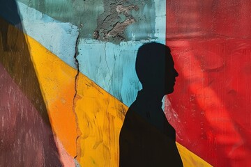 Poster - A man stands facing a vibrant, colorful wall with abstract shapes and shadows, Artistic focus on abstract shapes and shadows