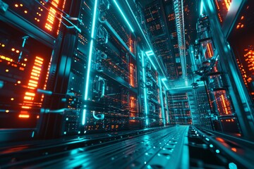 Poster - An abstract visualization of data flowing through interconnected networks, representing the future of data science, Glowing futuristic digital design of a network server, AI generated