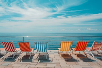 Poster - Colorful beach chairs facing a calm sea under a bright blue sky, epitomizing tranquil vacation scenery