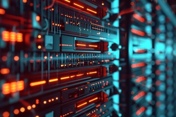 Poster - A futuristic digital interface displaying complex data patterns and graphs, symbolizing the future of data science, Glowing futuristic digital design of a network server, AI generated