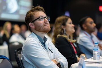 Poster - Diverse group of individuals seated at a table, attentively watching a screen during a medical conference, Attending a medical conference to learn about the latest advancements in healthcare