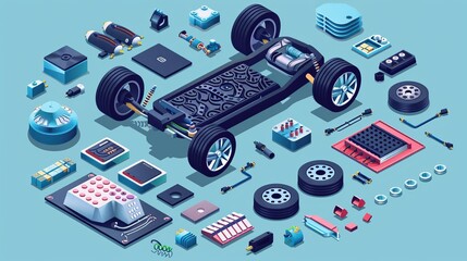 Wall Mural - Isometric illustration of electric car components