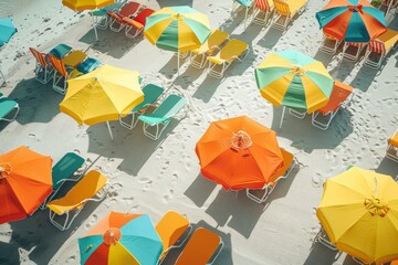 Wall Mural - Beach scene with multiple colorful umbrellas set up in the sand, Beach chairs and umbrellas dotting the sand