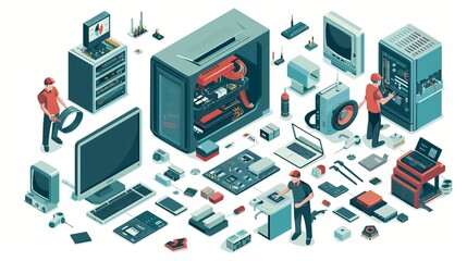 Isometric illustration of electronics appliance gadget repair service set with isolated human characters of repairmen working with computer circuitry