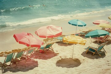 Sticker - Several lawn chairs and umbrellas are scattered across the sandy beach, Beach chairs and umbrellas dotting the sand