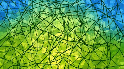 Wall Mural - Abstract Mosaic with Green and Blue Colors and a Tangled Line Pattern