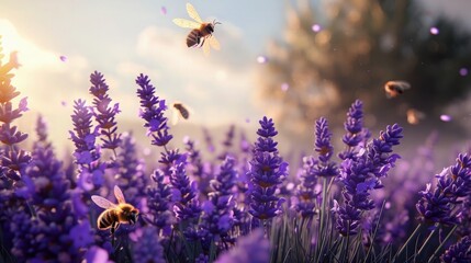 Wall Mural - A photorealistic image of a serene garden filled with lavender flowers, the purple hues captured in exquisite detail by AI, with bees buzzing softly among the blooms.