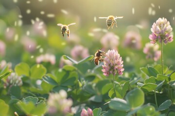 Sticker - A group of bees flying around blooming clover flowers in a field, Bees buzzing around a field of blooming clover