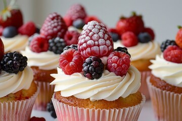 Sticker - Assortment of elegant cupcakes adorned with raspberries, strawberries, and blackberries