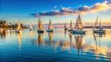 Serene image of sailboats gracefully gliding through the harbor , peaceful, sailing, boats, yachts, water, reflection, tranquil, maritime, nautical, travel, destination, leisure, calm, serene