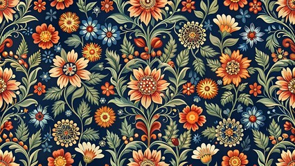 seamless pattern with stylized ornamental flowers in retro, vintage style. colored vector illustrati