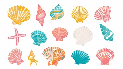 Wall Mural - Cute and colorful seashell designs perfect for decorating baby items like clothes, stickers, books, or fabric.