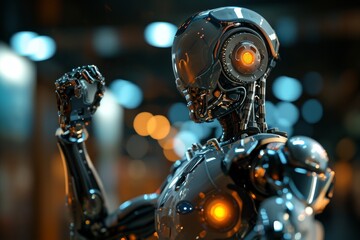 Aufkleber - Futuristic cyborg with robotic arm stands illuminated in modern, A modern robot positioned in front of a vibrant neon light, creating a striking visual contrast, AI generated