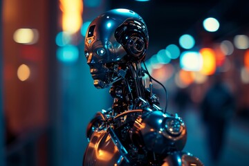 Aufkleber - Futuristic cyborg with robotic arm stands illuminated in modern, A modern robot positioned in front of a vibrant neon light, creating a striking visual contrast, AI generated
