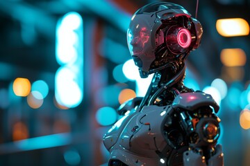 Aufkleber - Futuristic cyborg with robotic arm stands illuminated in modern, A modern robot positioned in front of a vibrant neon light, creating a striking visual contrast, AI generated