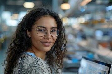 Poster - Beautiful woman in her 30s smiling and wearing eyeglasses while working on laptop computer with virtual screen and document for online approve paperless quality assurance