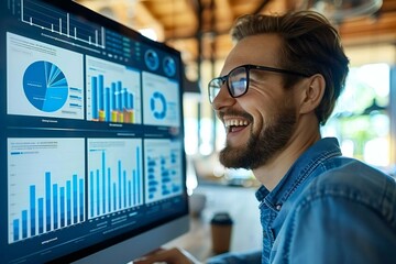 Beautiful young man with a well-groomed beard, wearing eyeglasses, smiling and laughing while analyzing data on the computer laptop and dashboard for technology finance operations, sales