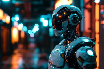 Poster - Futuristic cyborg with robotic arm stands illuminated in modern, An illuminated neon light casting a colorful glow on a robot in the foreground, AI generated
