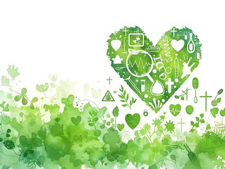 Wall Mural - Design an image for World Health Day, using medical symbols and healthy living imagery in a balanced palette of green and white. copy space for text, sharp focus and clear light, high clarity no