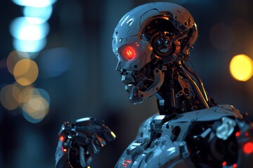 Poster - Futuristic cyborg with robotic arm stands illuminated in modern, A robot standing in front of a neon light, emitting a futuristic glow, AI generated