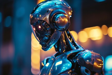 Poster - Futuristic cyborg with robotic arm stands illuminated in modern, A robot standing in front of a neon light, emitting a futuristic glow, AI generated