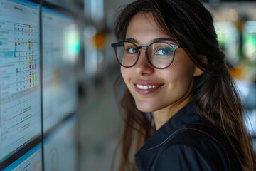 Poster - Beautiful woman in her 30s with long brown hair and wearing glasses, smiling and typing on a touch screen schedule plan project with gantt charts on a digital computer technology.