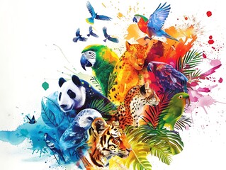 Wall Mural - Illustrate World Animal Day with diverse animal imagery and vibrant, natural colors. copy space for text, sharp focus and clear light, high clarity no grunge, splash, dust, noise