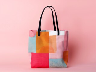 Colorful abstract tote bag with black handles against a pink background.