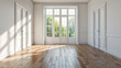 © Mehran - Empty living room with wooden floor, white walls, and sunlight streaming in through a sliding door. Perfect for renovation, new home, home loan, property, or advertising visuals.