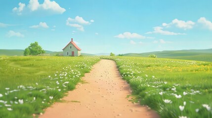 Poster -   A painting of a house in a field with a dirt path leading to its front