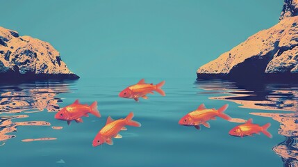 Poster -   A cluster of goldfish swimming in a pond with rocky surroundings and a clear sky above