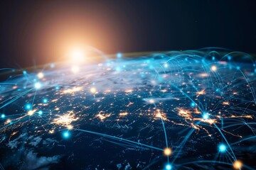 Poster - Image showing a network of lines linking countries across the globe, Futuristic computer network connects global communication waves AI generated