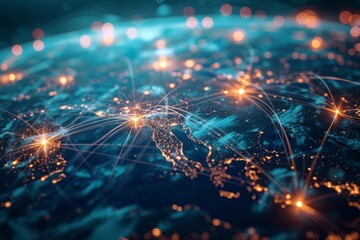 Poster - Image showing a network of lines linking countries across the globe, Futuristic computer network connects global communication waves AI generated