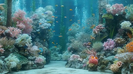 Poster -   A vibrant coral reef teems with various coral types and lively fish, set against a serene blue sky