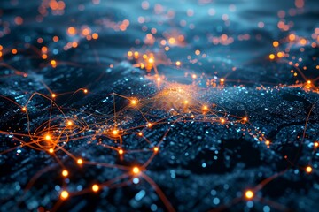 Poster - Futuristic computer network connects global communication waves, Illustration of a world map with lines connecting different continents., AI generated