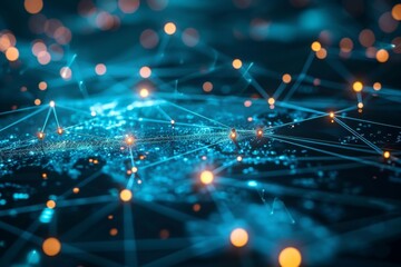 Poster - Futuristic computer network connects global communication waves, Illustration of a world map with lines connecting different continents., AI generated