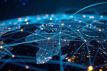 Poster - Futuristic computer network connects global communication waves, Illustration of a world map with lines connecting different continents., AI generated