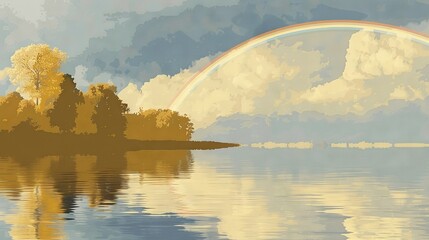 Poster -   Rainbow sky painting over water with trees in fg and clouds in bg